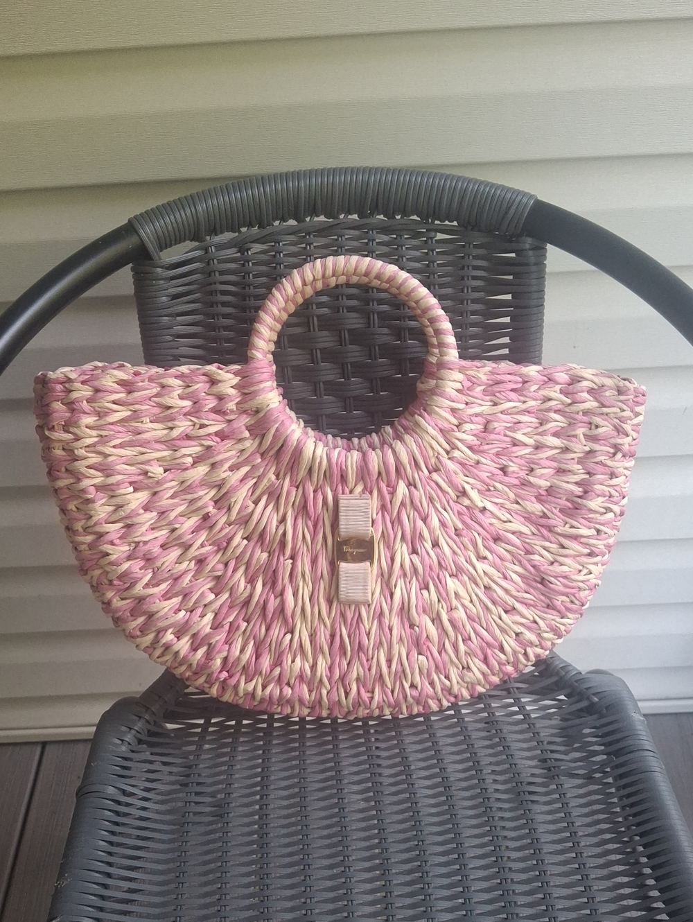 Upcycle Ferragamo Pink Straw Circle-Handle Tote Bag